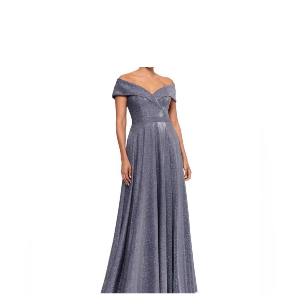 Xscape Off‎ the Shoulder V-Neck Silver Sprakly Fit and Flare Gown Dress - Picture 2 of 9